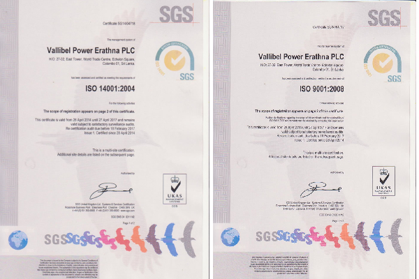 Vallibel Power Erathna PLC is certified for ISO 9001 & 14001